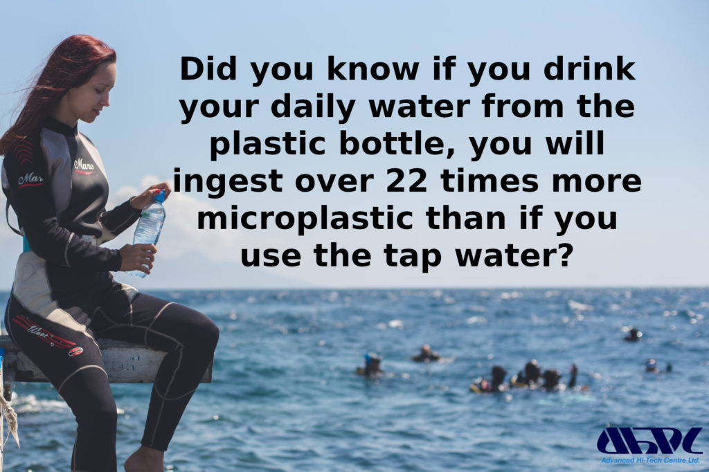 by using only plastic bottled water you will be ingesting 22 times more microplastics